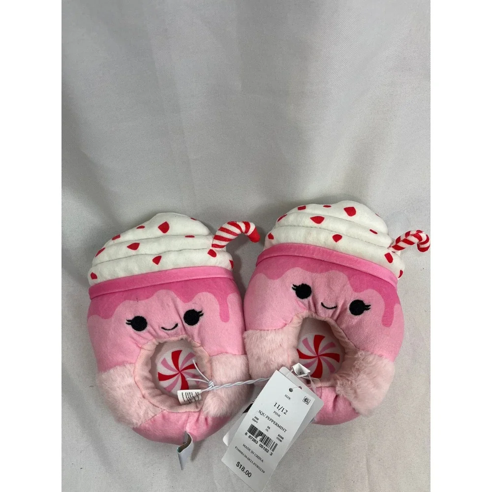 Squishmallows‎ Peppermint Pink Milkshake Plush Slippers Kids Size 11/12 New